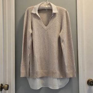 J.Jill Mixed Media Tunic Sweater Faux Blouse Oatmeal/Cream Large